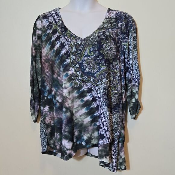 One World Womens Paisly Asymetric Top Plus Size 3X Beaded Y2K Fairy Forest Artsy - Picture 1 of 15
